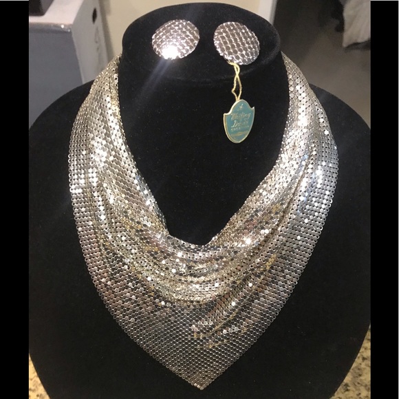 Whiting & Davis VINTAGE SIGNED Mesh bib Chain Necklace sparkly earring 1940’s - Picture 10 of 14